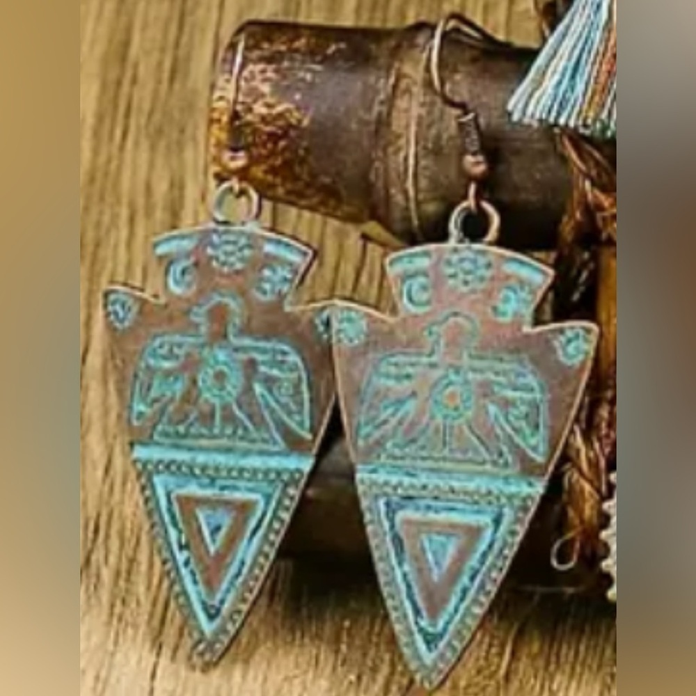Bohemian Aztec Copper tone Earrings with Turquoise Accents
